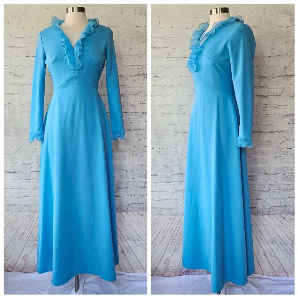 Vintage 70s Sky Blue Micropleat Ruffle Long Sleeve Maxi Dress ILGWU Madein USA - Picture 2 of 12